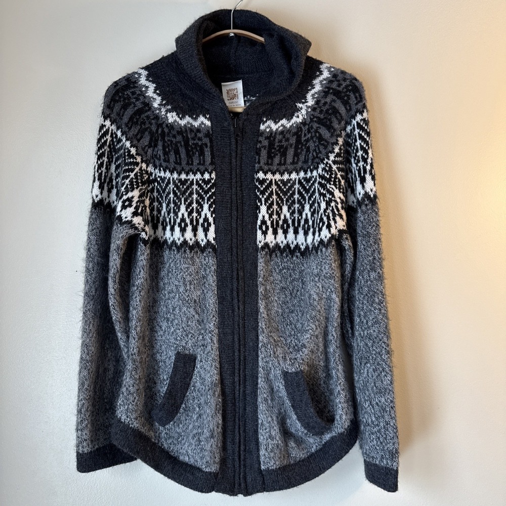 Chasqui‎ Sweater Full Zip Gray Size M Alpaca Bolivia Fair Isle Nordic Hand Knit